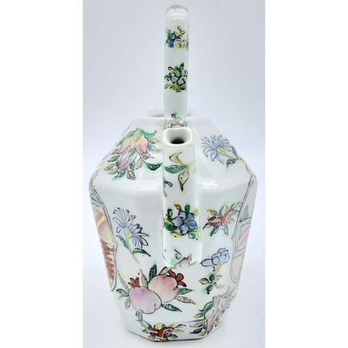 1777 - An Antique Chinese Canton Famille Rose Teapot. Depicts a court scene with floral decoration. 19cm x ... 