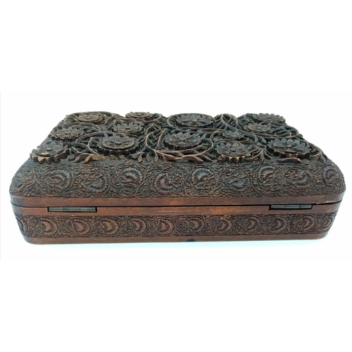 1662 - A lovely vintage intricately hand carved Kashmiri wooden box. The fantastic carving which covers thi... 