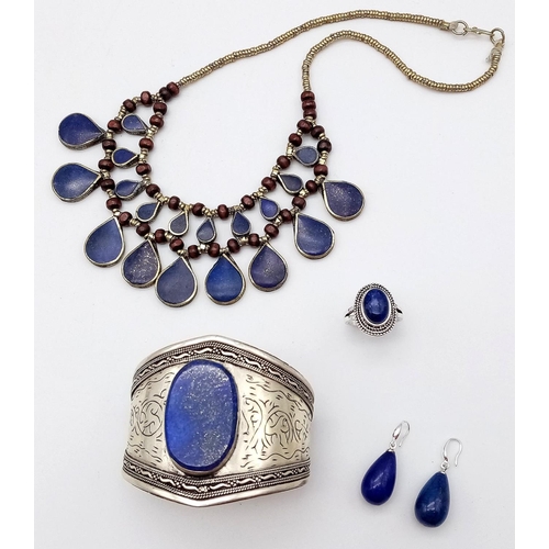 1805 - A lapis Lazuli Suite - Cuff bangle, Necklace, Ring and Earrings. Ring -size U.