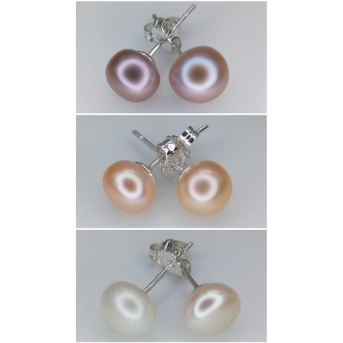 1807 - Three Pairs of Pastel Coloured Freshwater Akoya Pearl Stud Earrings.