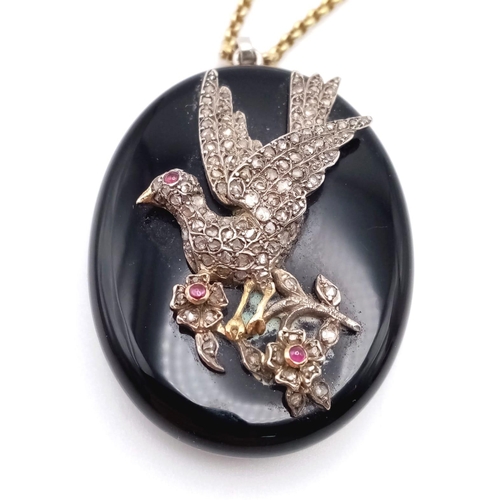 128 - An Antique Victorian 9K Gold, Silver, Old-Cut Diamond and Ruby Decorative Dove Locket Pendant on an ... 