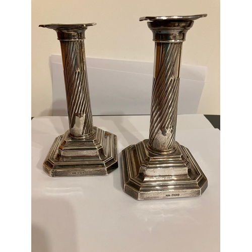 203 - Antique pair of SILVER PILLAR CANDLESTICKS. Clear hallmark for James Dixon and Sons, Sheffield 1906.... 