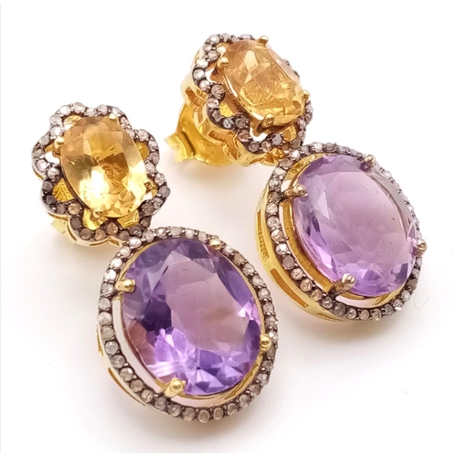 240 - A Pair of Amethyst and Citrine Gemstone Drop Earrings with Diamond Surrounds. Set in 925 gilded Silv... 