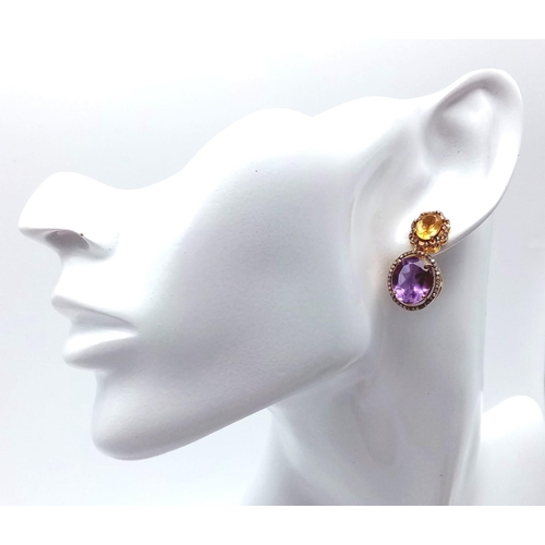 240 - A Pair of Amethyst and Citrine Gemstone Drop Earrings with Diamond Surrounds. Set in 925 gilded Silv... 