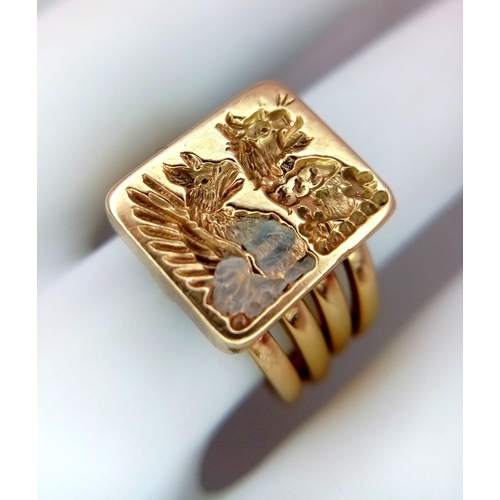 253 - A Vintage 9K Yellow Gold Four Band Signet Ring with Chinese Decoration. Size M. 9.55g weight. Ref: 0... 