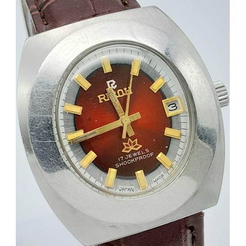 270 - A Vintage Ricoh 17 Jewel Automatic Gents Watch. Dark auburn leather strap. Stainless steel case - 36... 