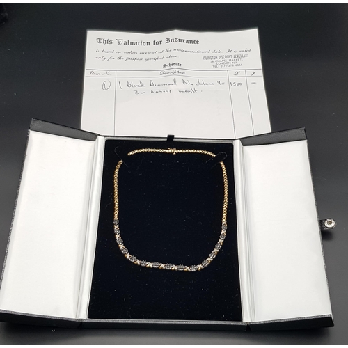 275 - A 9K YELLOW GOLD 2.75CT BLACK DIAMOND NECKLACE. TOTAL WEIGHT 21.6G. COME WITH BLACK LEATHER BOX & VA... 