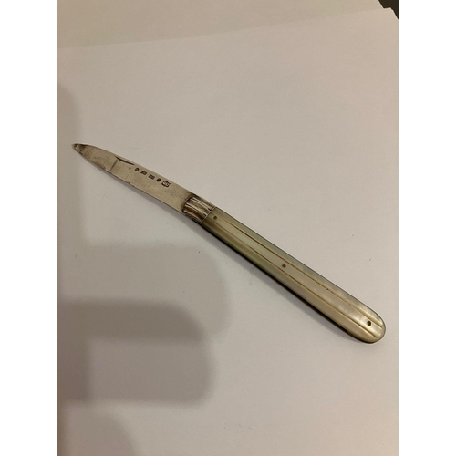 329 - Antique SILVER BLADED FRUIT KNIFE with mother of pearl handle. Hallmark for George Unite, Birmingham... 