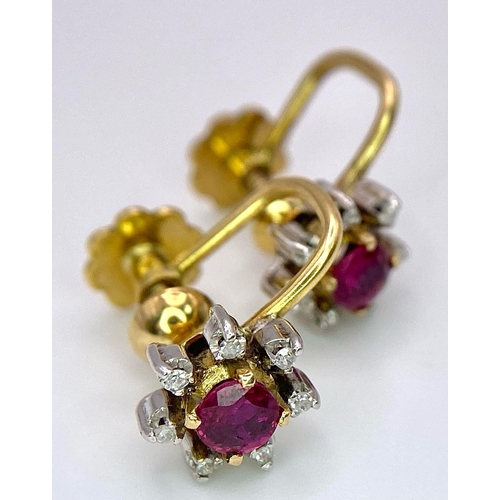 355 - A PAIR OF 14K YELLOW GOLD DIAMOND & RUBY CLIP ON SCREW BACK STUD EARRINGS. TOTAL WEIGHT 2.7G