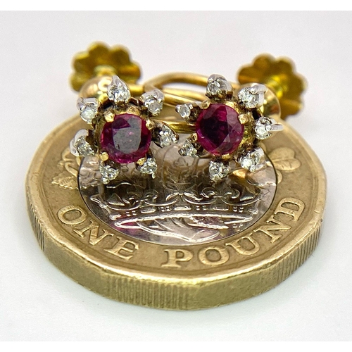 355 - A PAIR OF 14K YELLOW GOLD DIAMOND & RUBY CLIP ON SCREW BACK STUD EARRINGS. TOTAL WEIGHT 2.7G