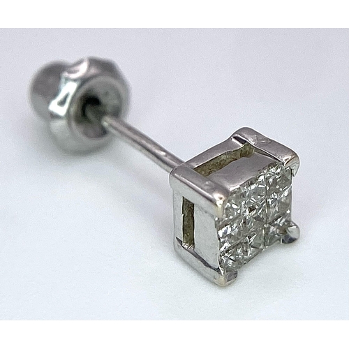 466 - A SINGLE 9K WHITE GOLD 0.36CT DIAMOND STUD EARRING. TOTAL WEIGHT 0.6G