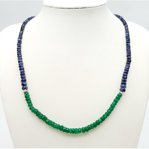 519 - A 90ctw Emerald and Blue Sapphire Small Rondelle Bead Necklace with a 925 Silver Clasp. 44cm length.... 