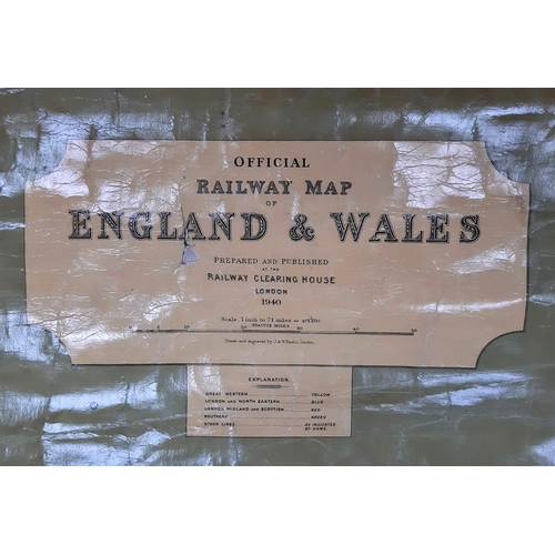 787 - A large 1940 linen backed Official Railway Map of England and Wales. Drawn and engraved by J.W. Emsl... 