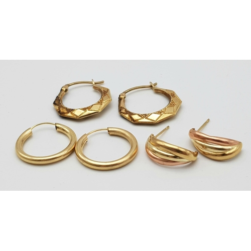 1104 - 3 PAIRS OF 9K GOLD EARRINGS .   2.6gms