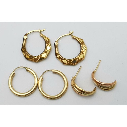 1104 - 3 PAIRS OF 9K GOLD EARRINGS .   2.6gms