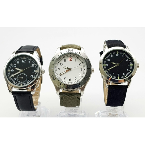 582 - A Parcel of Three Unworn British Military Homage Watches Comprising; 1) 1940’s RAF Navigator (45mm),... 