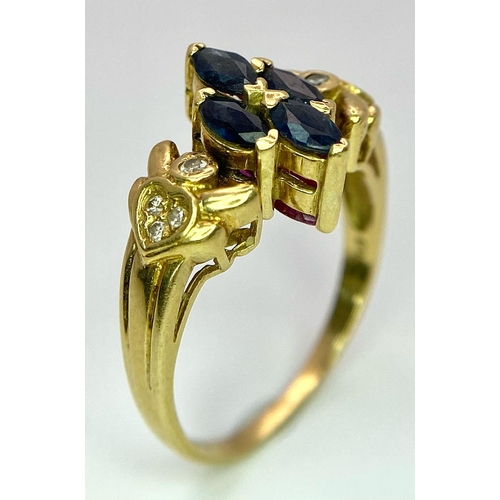 690 - AN 18K GOLD SWIVEL TOP RING .YOU CAN CHOOSE TO SHOW SAPPHIRE OR RUBY BOTH COMPLIMENTED BY THE DIAMON... 