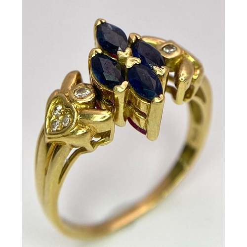 690 - AN 18K GOLD SWIVEL TOP RING .YOU CAN CHOOSE TO SHOW SAPPHIRE OR RUBY BOTH COMPLIMENTED BY THE DIAMON... 