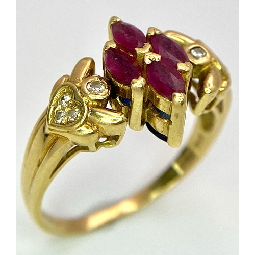 690 - AN 18K GOLD SWIVEL TOP RING .YOU CAN CHOOSE TO SHOW SAPPHIRE OR RUBY BOTH COMPLIMENTED BY THE DIAMON... 