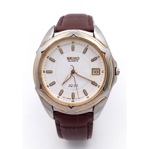 783 - A Seiko Quartz SQ 50 Quartz Watch. Brown leather strap. Two tine stainless steel case - 38mm. White ... 