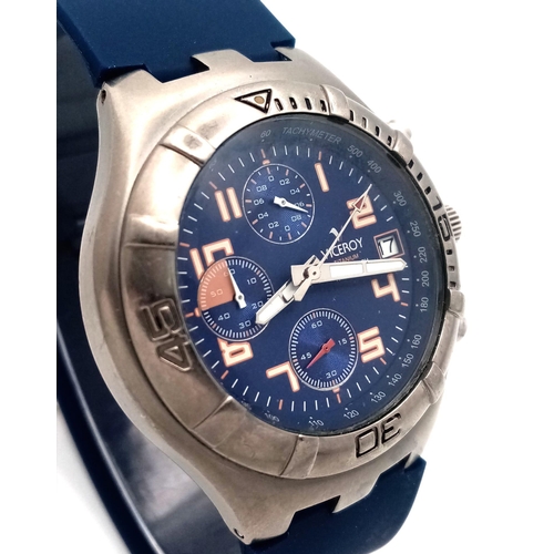 866 - A Viceroy Titanium Quartz Gents Watch. Blue leather strap. Titanium case - 44mm. Blue dial with thre... 