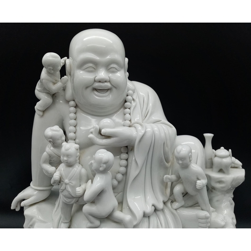 136 - A Wonderful Large Chinese Blanc de Chine Budai -  Laughing Budai seated with 5 small Children - Char... 