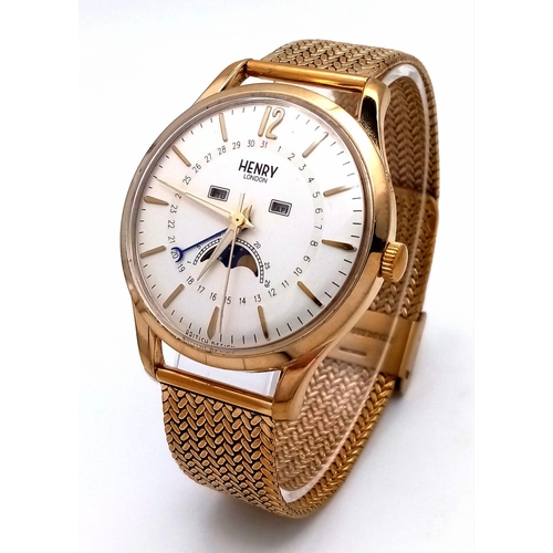 579 - A Vintage Henry of London Automatic Moonphase Gents Watch. Gilded mesh bracelet. Two tone stainless ... 