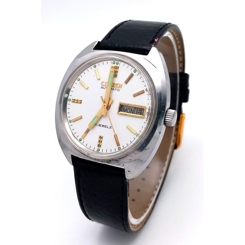 873 - A Citizen Automatic 21 Jewel Gents Watch. Black leather strap. Stainless steel case - 37mm. White di... 