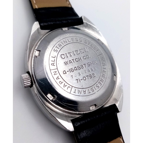 873 - A Citizen Automatic 21 Jewel Gents Watch. Black leather strap. Stainless steel case - 37mm. White di... 