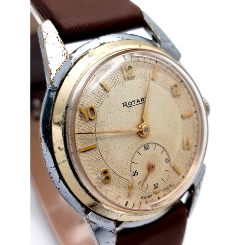 1039 - A Vintage Rotary Mechanical Gents Watch. Brown leather strap. Stainless steel case - 33mm. Cream dia... 