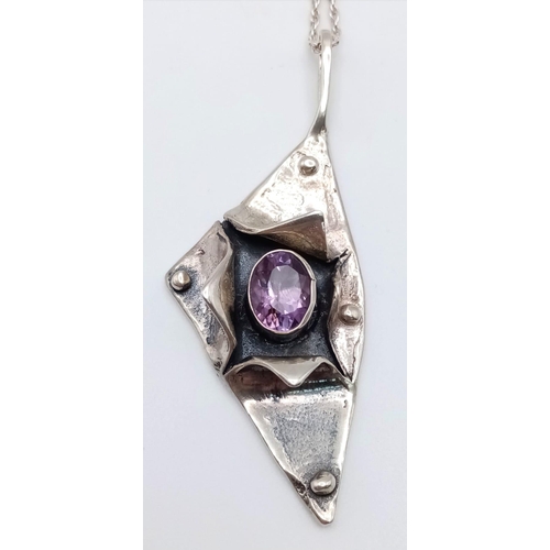 1117 - A Rare and Unique, Vintage or Antique, Amethyst Set Silver Pendant Necklace. Modernist Design Pendan... 