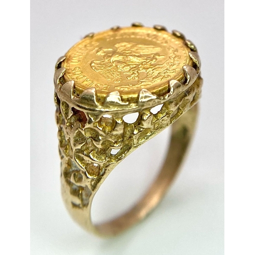 284 - A DOS PESOS 22K GOLD COIN MOUNTED IN A 9K GOLD RING, APPROX 4.4gms IN TOTAL .   size K