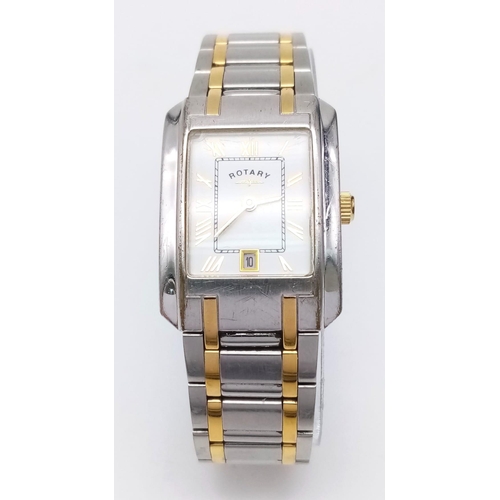 613 - A Ladies ‘Tank Style’ Two Tone, Bi-Metal, Quartz Date Watch by Rotary. Model LB02243. 24mm Including... 