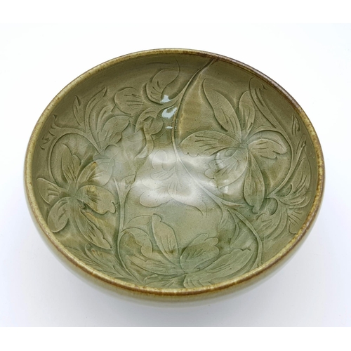 9 - An Antique Chinese Celadon Peony Porcelain Bowl. Wonderful floral pattern with green foliage coloure... 