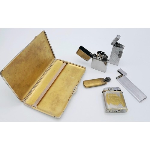 1220 - 5 VINTAGE LIGHTERS TO INCLUDE A ZIPPO AND AN ARMY ISSUE PETROL LIGHTER PLUS A 1940'S CIGARETTE CASE.... 