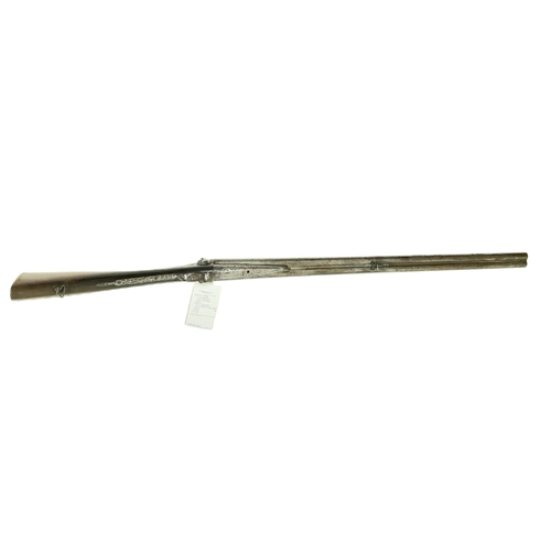 1567 - A 16 BORE PIN FIRE ANTIQUE SIDE BY SIDE DOUBLE BARRELED SHOTGUN WITH PATTERNED METALWORK  a/f