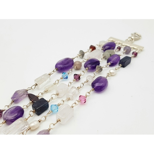 1247 - A Very Pretty Vintage, Sterling Silver, Multi-Stone and Crystal Set Beaded Bracelet. 19-23cm Length.... 