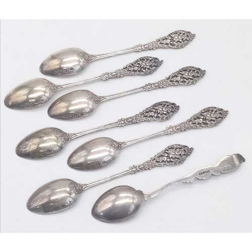 521 - A Set of Six Antique Ornate Silver Teaspoons with a Beautiful Enamel Silver Teaspoon. Hallmarks for ... 