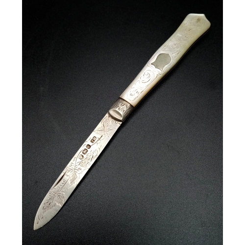 745 - An Antique Hallmarked 1896/7 Silver Pearl Handle Penknife. 14cm Length. Leaf Detailed Blade and Hand... 