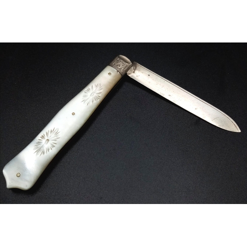 745 - An Antique Hallmarked 1896/7 Silver Pearl Handle Penknife. 14cm Length. Leaf Detailed Blade and Hand... 