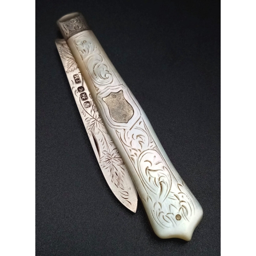 745 - An Antique Hallmarked 1896/7 Silver Pearl Handle Penknife. 14cm Length. Leaf Detailed Blade and Hand... 