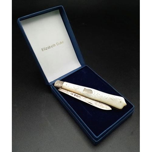 745 - An Antique Hallmarked 1896/7 Silver Pearl Handle Penknife. 14cm Length. Leaf Detailed Blade and Hand... 