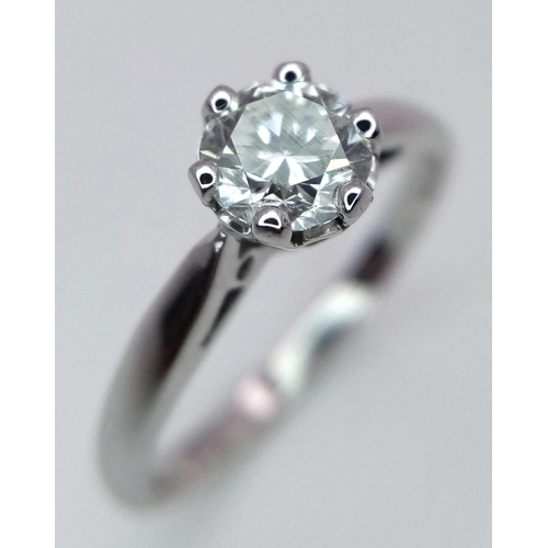 927 - 18K WHITE GOLD DIAMOND SOLITAIRE RING, APPROX 0.50CT CLEAN ROUND BRILIANT CUT DIAMOND IN A 6 CLAW SE... 