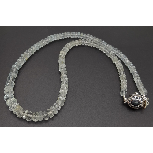 1430 - A 158ctw Aquamarine Necklace with Sapphire Clasp set in 925 Silver. 42cm length. 30.87g total weight... 