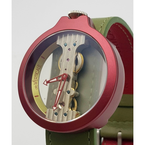 1087 - A VERTICALE DOUBLE SKELETON WATCH WITH TOP WIND ON GREEN LEATHER STRAP .