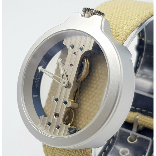 1097 - A VERTICALE DOUBLE SKELETON TOP WIND WATCH ON LEATHER STRAP .