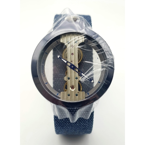 1194 - A VERTICALE DOUBLE SKELETON TOP WIND WATCH  ON BLUE LEATHER STRAP ,