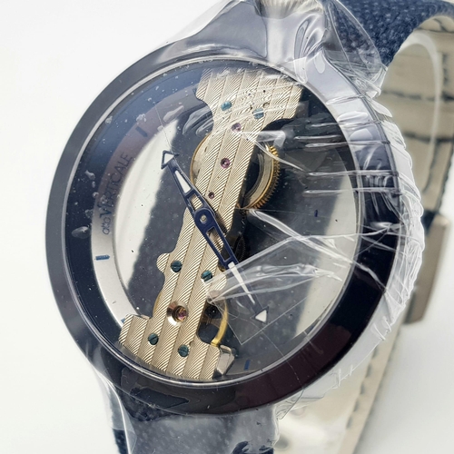 1194 - A VERTICALE DOUBLE SKELETON TOP WIND WATCH  ON BLUE LEATHER STRAP ,