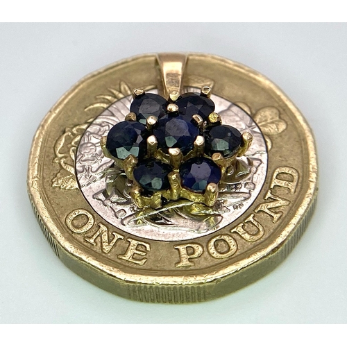 585 - A 9K YELLOW GOLD BLUE STONE SET PENDANT. TOTAL WEIGHT 1.1G