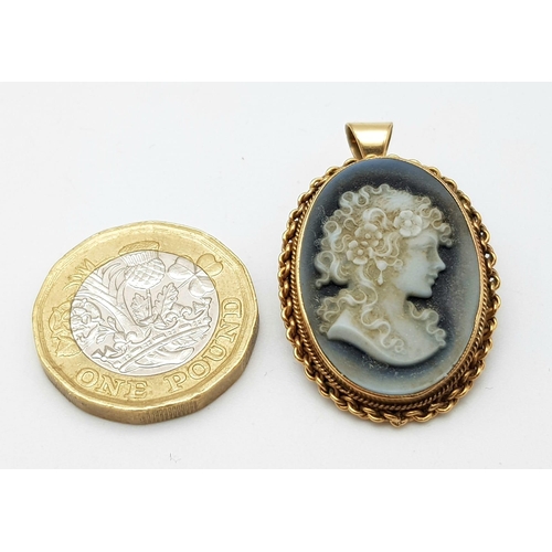 633 - A Vintage 9K Gold Cameo Brooch. 3cm. 5.8g total weight. Ref: 15881